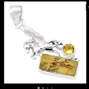 . 925 Sterling Silver Dendritic Opal, Pegasus, Citrine Pendant